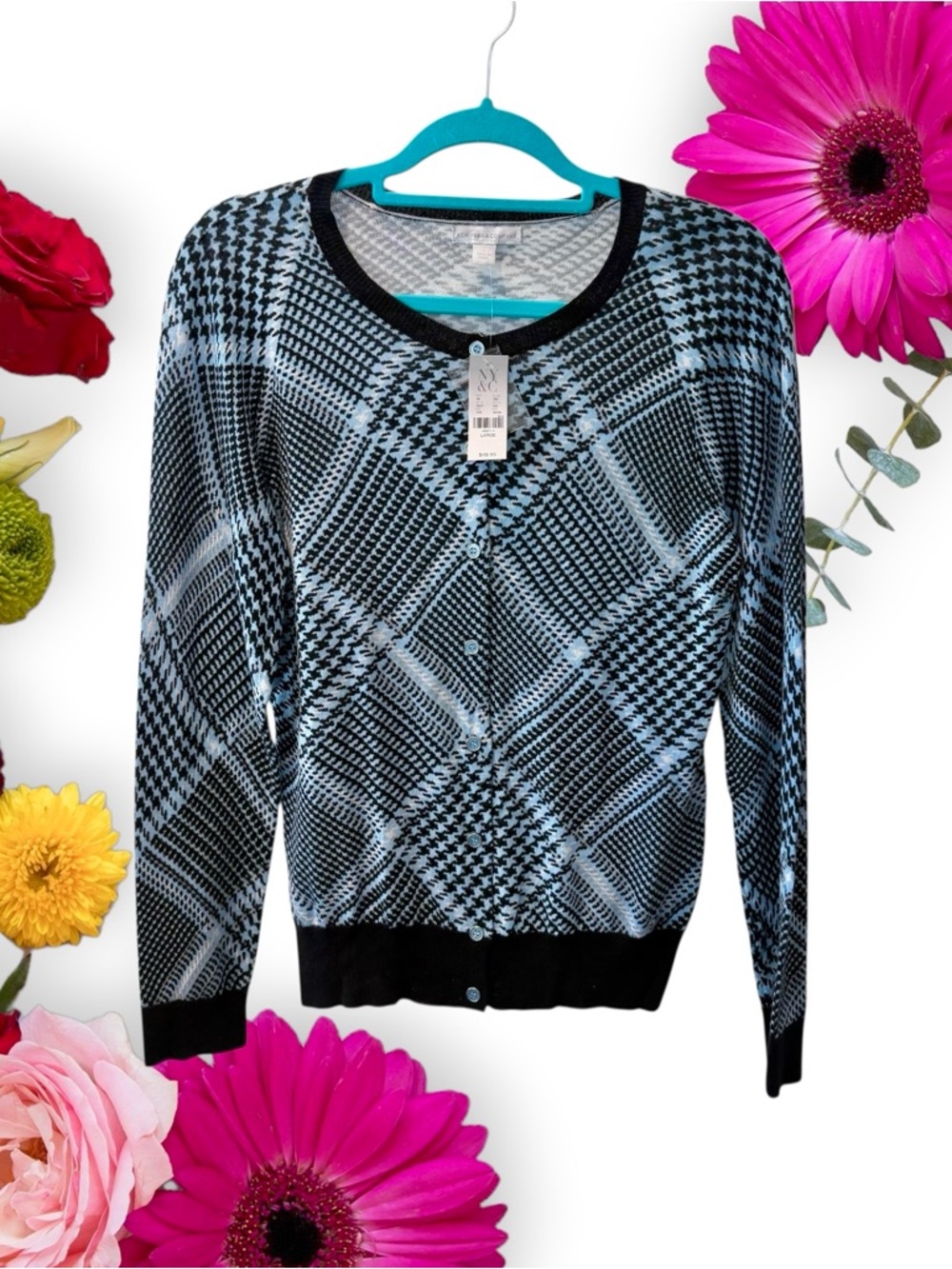 New York & Company Black and Light Blue Plaid Button-Front Cardigan
